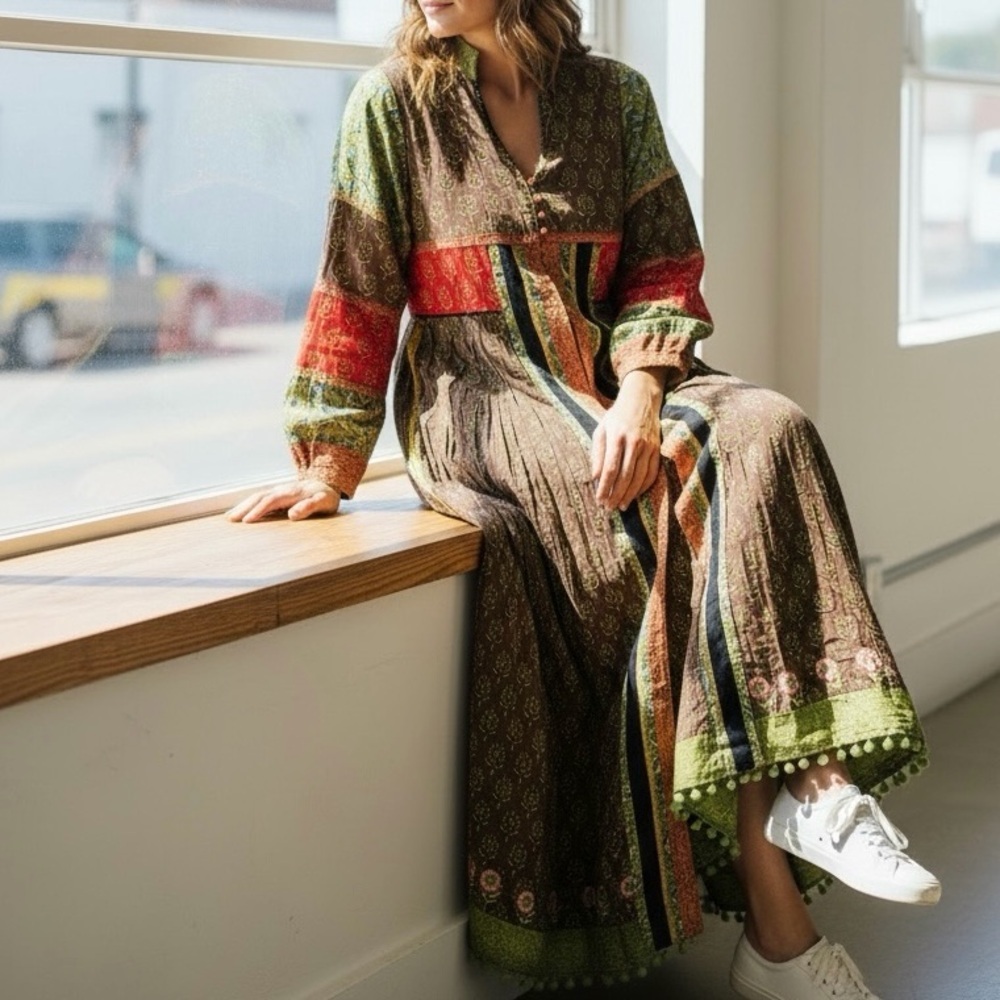 J Peterman Jaisalmer Dress Duster Women Sz 12 Vtg Caftan Festival Renaissance